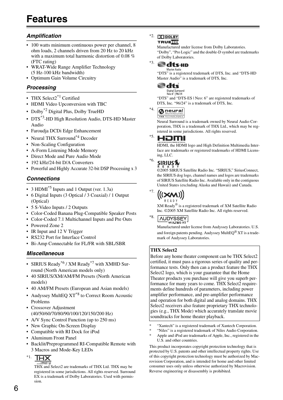 Features | Onkyo TX-SA705 User Manual | Page 6 / 116