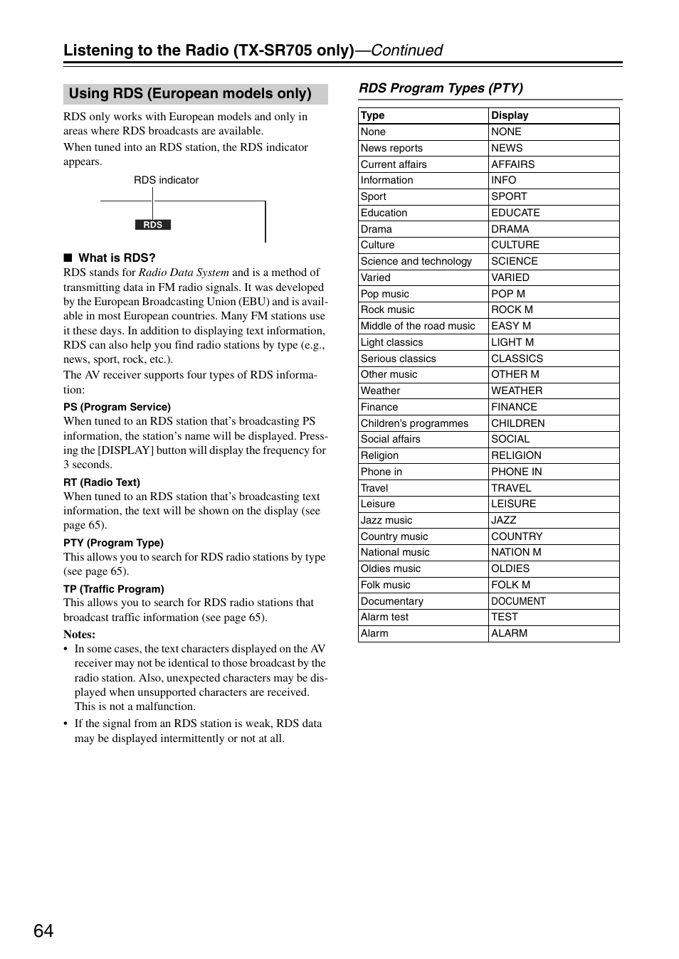Listening to the radio (tx-sr705 only) —continued, Using rds (european models only) | Onkyo TX-SA705 User Manual | Page 64 / 116