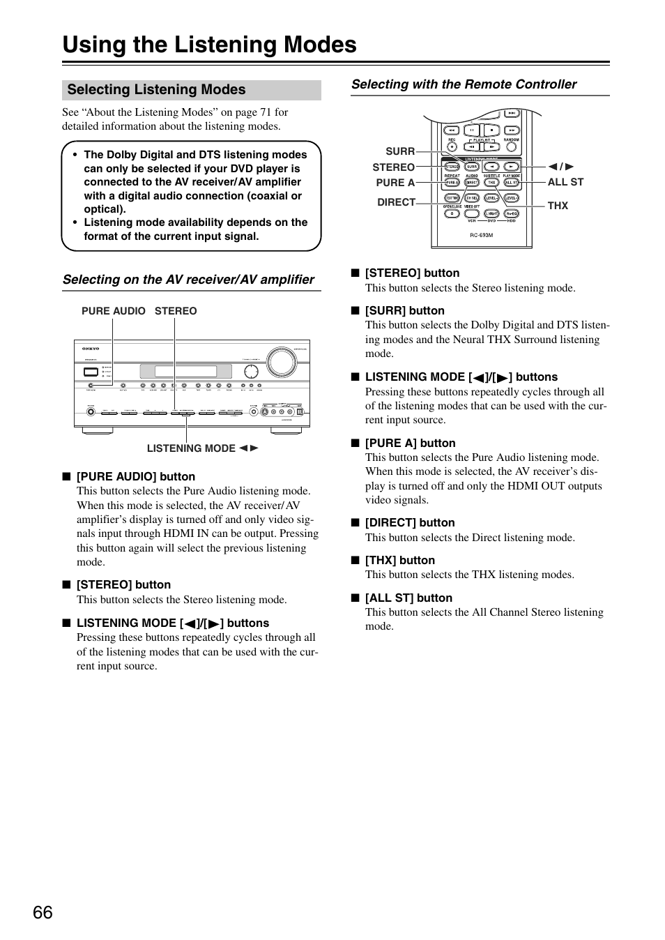 Using the listening modes, Selecting listening modes | Onkyo TX-SA705 User Manual | Page 66 / 116