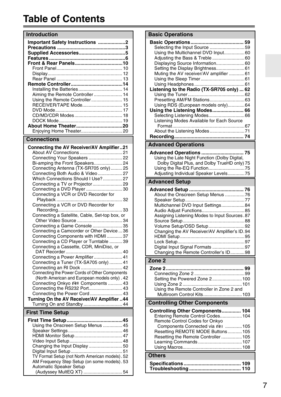 Onkyo TX-SA705 User Manual | Page 7 / 116