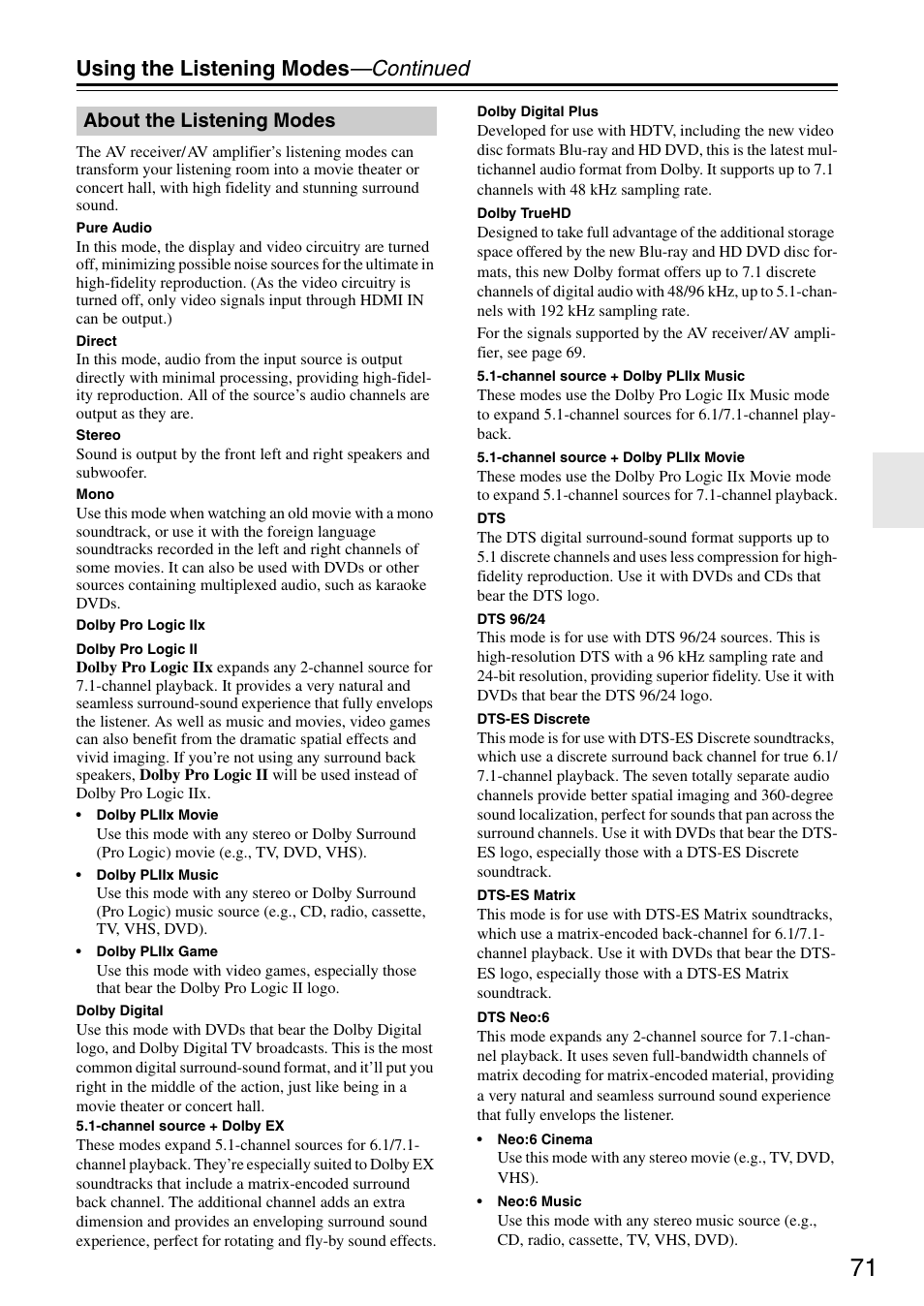 Using the listening modes —continued, About the listening modes | Onkyo TX-SA705 User Manual | Page 71 / 116