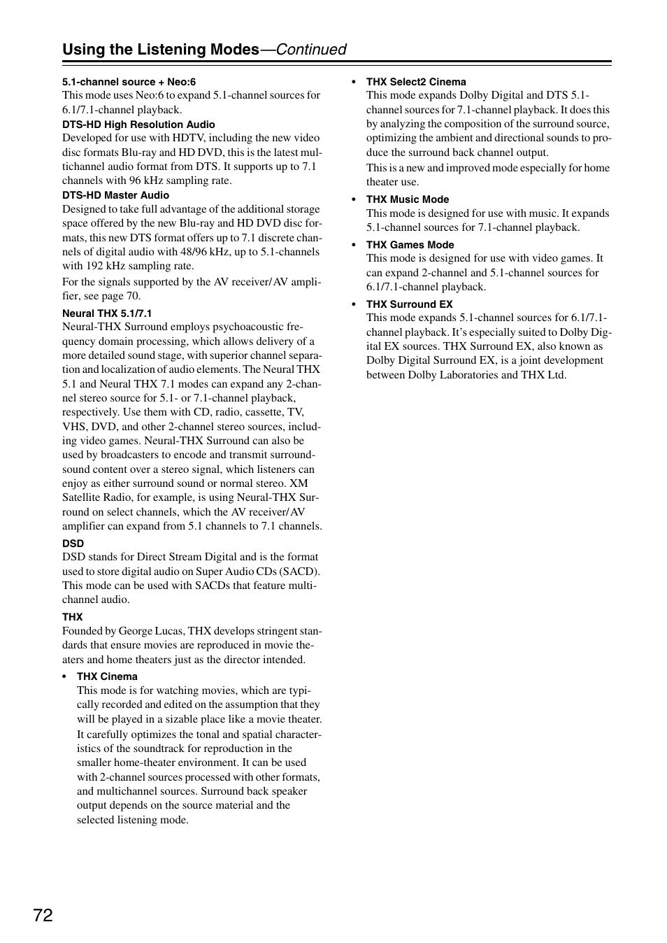 Using the listening modes —continued | Onkyo TX-SA705 User Manual | Page 72 / 116