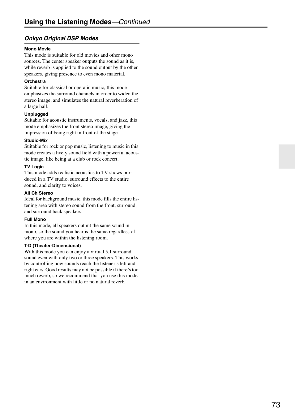 Using the listening modes —continued | Onkyo TX-SA705 User Manual | Page 73 / 116