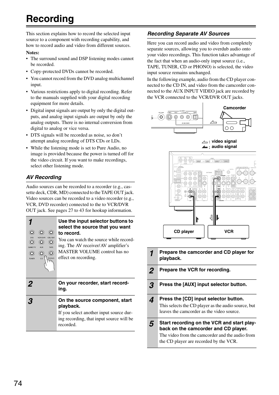 Recording | Onkyo TX-SA705 User Manual | Page 74 / 116