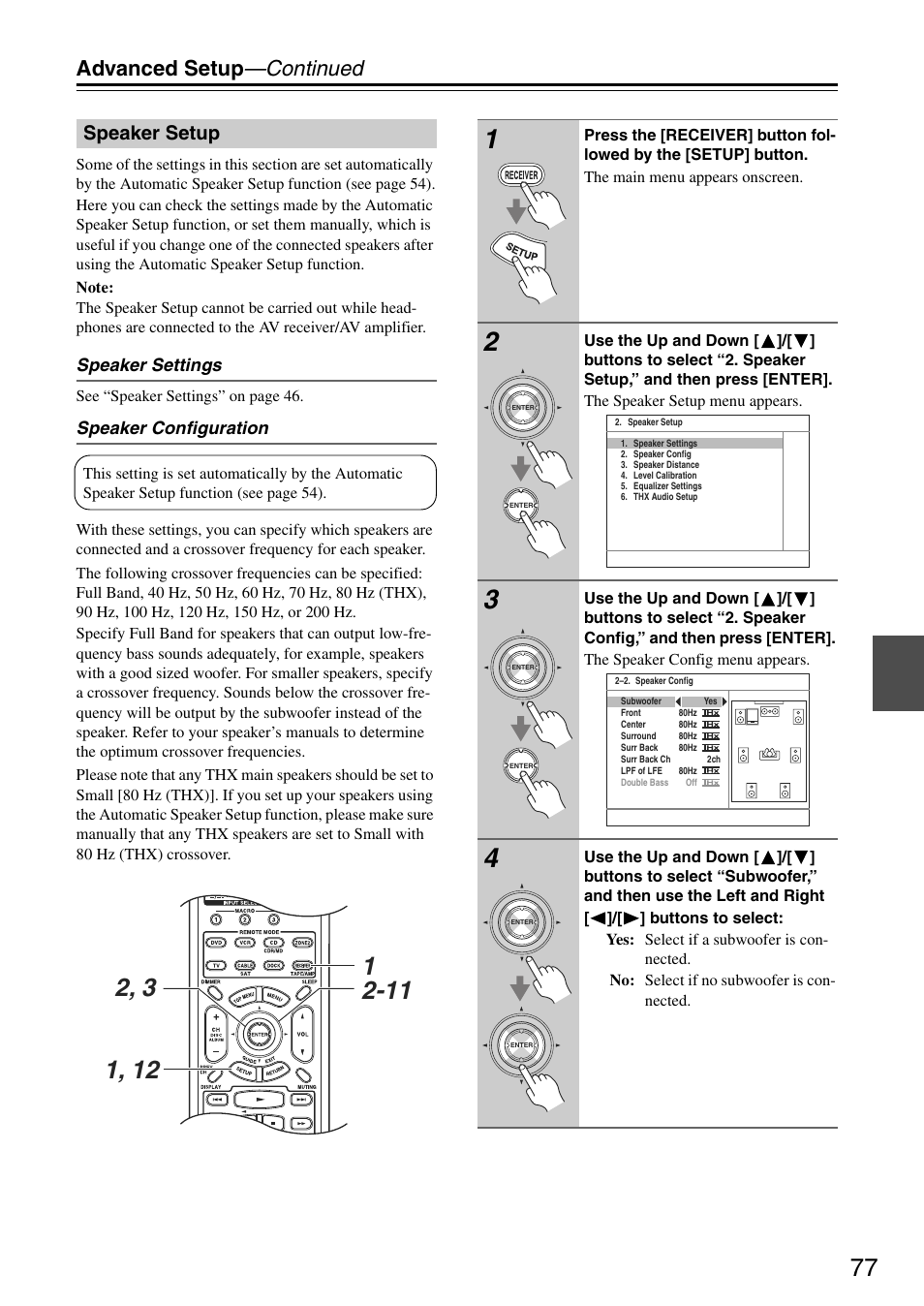 Advanced setup —continued, Speaker setup | Onkyo TX-SA705 User Manual | Page 77 / 116