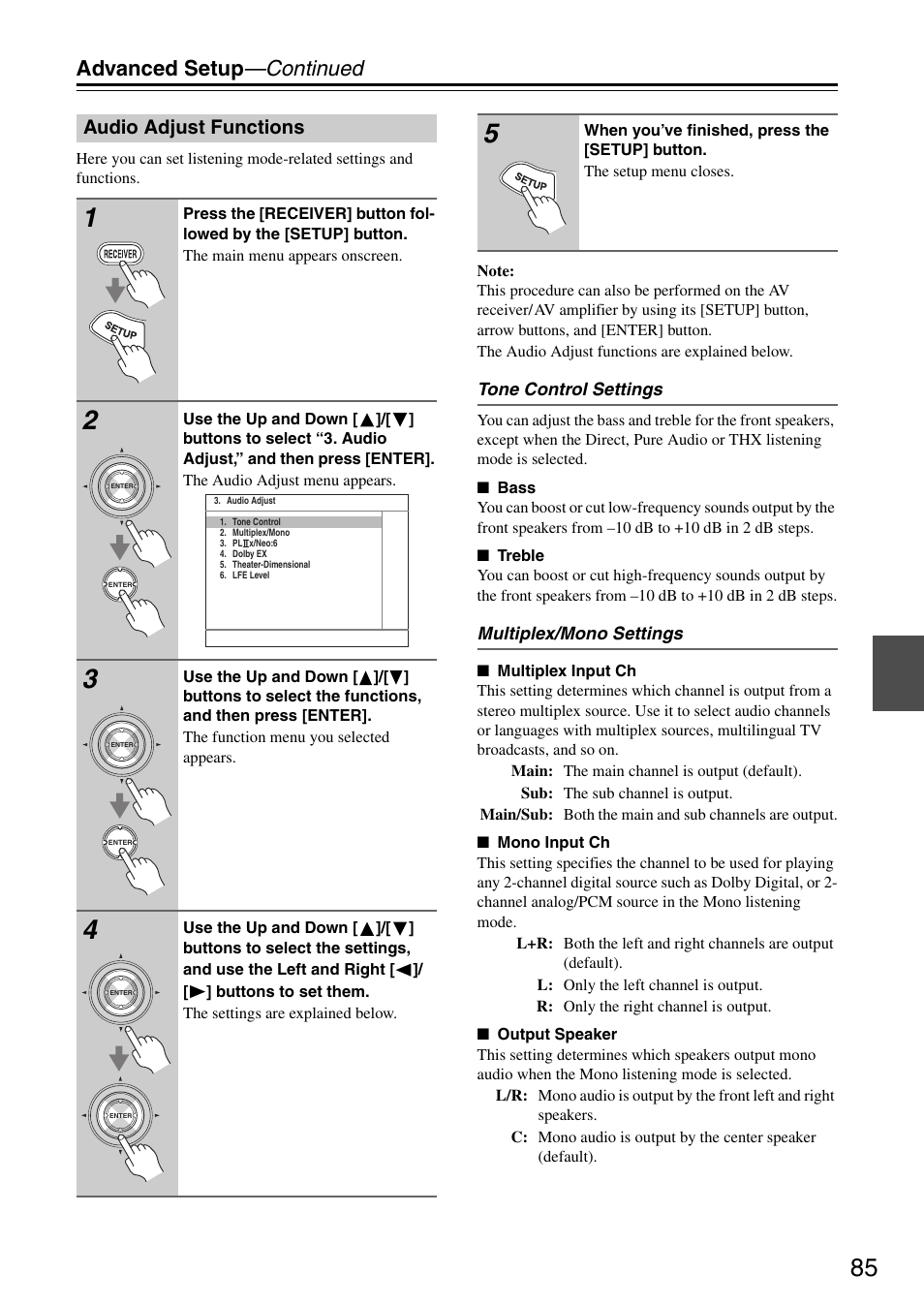 Advanced setup —continued, Audio adjust functions | Onkyo TX-SA705 User Manual | Page 85 / 116