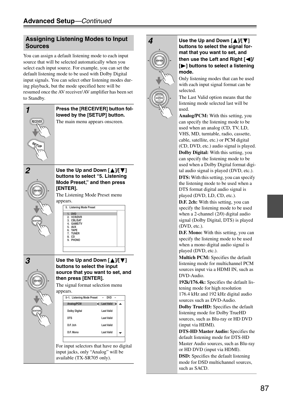 Advanced setup —continued, Assigning listening modes to input sources | Onkyo TX-SA705 User Manual | Page 87 / 116