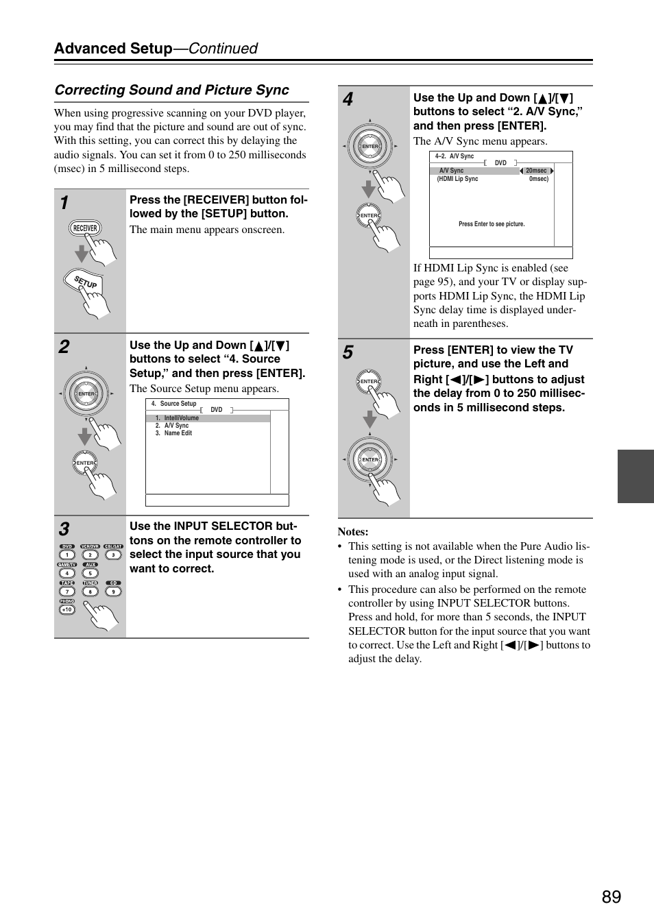 Advanced setup —continued, Correcting sound and picture sync | Onkyo TX-SA705 User Manual | Page 89 / 116