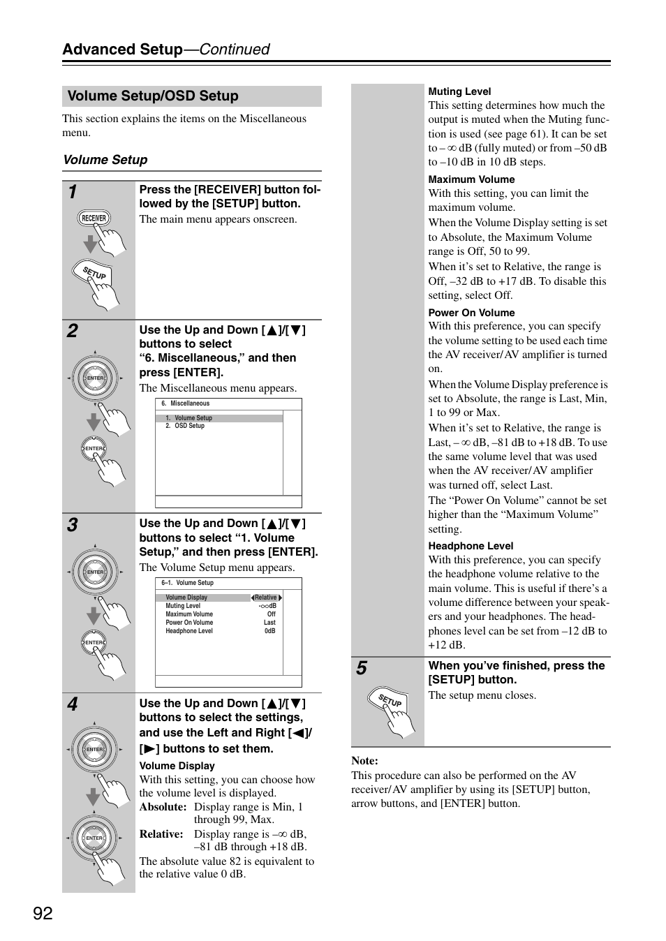 Advanced setup —continued, Volume setup/osd setup | Onkyo TX-SA705 User Manual | Page 92 / 116