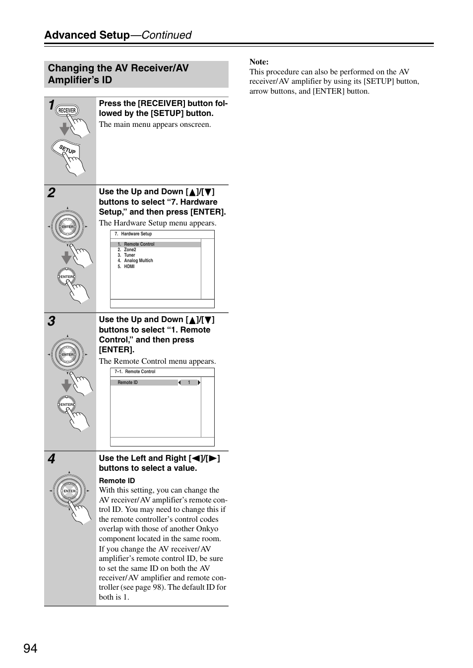 Advanced setup —continued, Changing the av receiver/av amplifier’s id | Onkyo TX-SA705 User Manual | Page 94 / 116