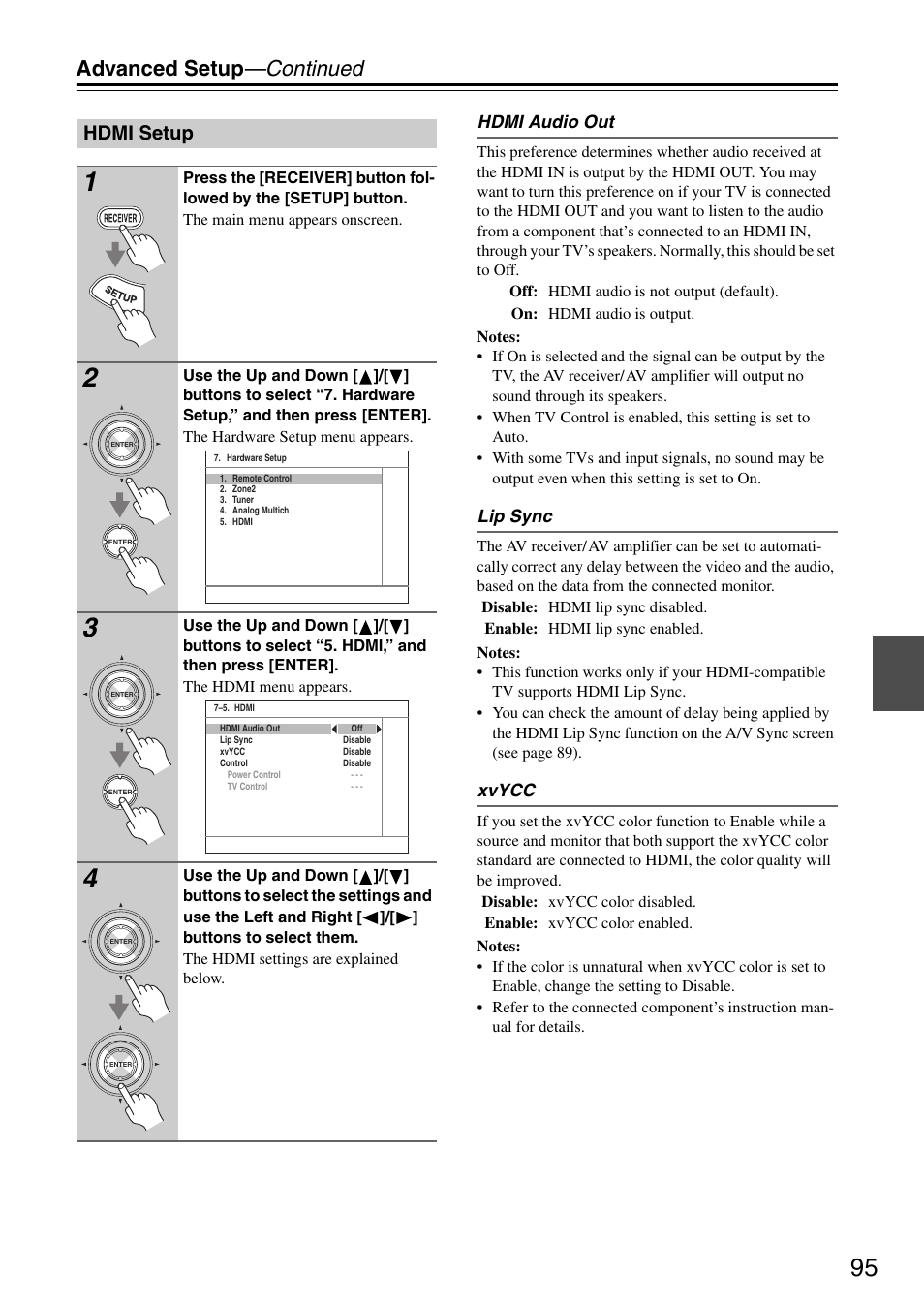 Advanced setup —continued, Hdmi setup | Onkyo TX-SA705 User Manual | Page 95 / 116