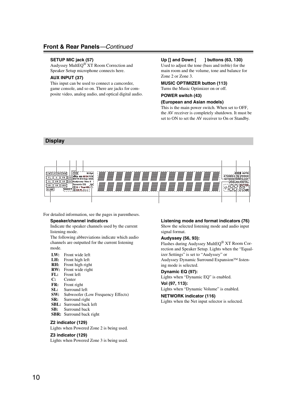 Display, Front & rear panels —continued | Onkyo TX-NR1007 User Manual | Page 10 / 156