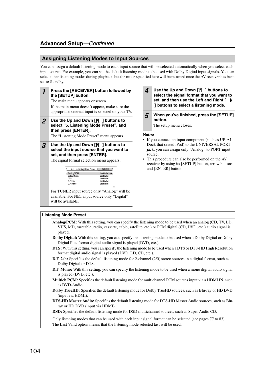 Assigning listening modes to input sources, Advanced setup —continued | Onkyo TX-NR1007 User Manual | Page 104 / 156