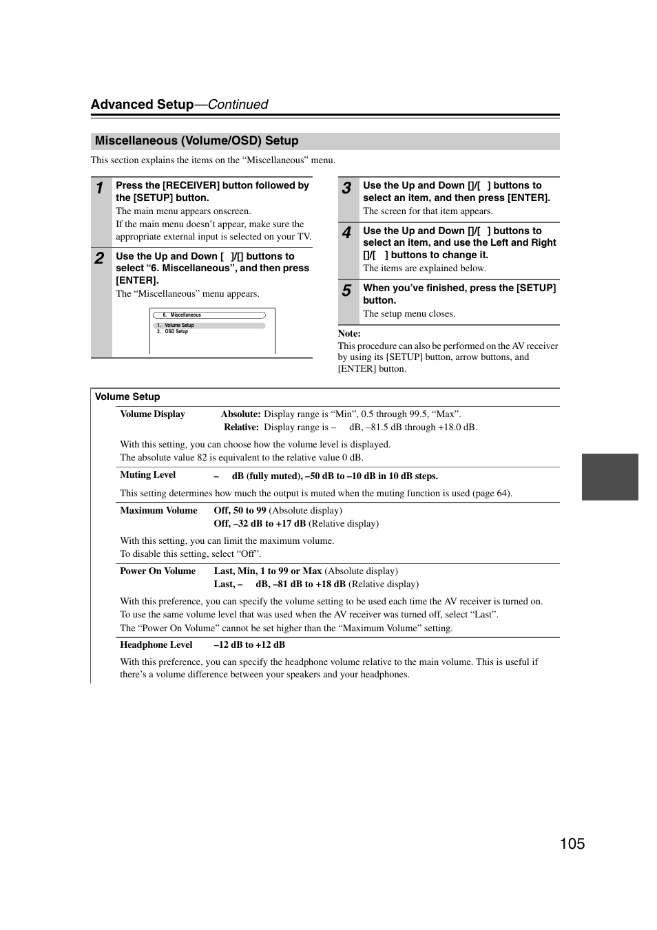 Miscellaneous (volume/osd) setup, Advanced setup —continued | Onkyo TX-NR1007 User Manual | Page 105 / 156