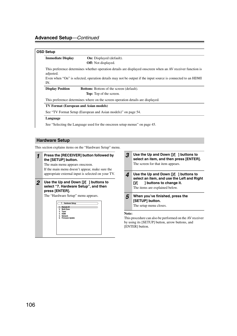 Hardware setup, Advanced setup —continued | Onkyo TX-NR1007 User Manual | Page 106 / 156