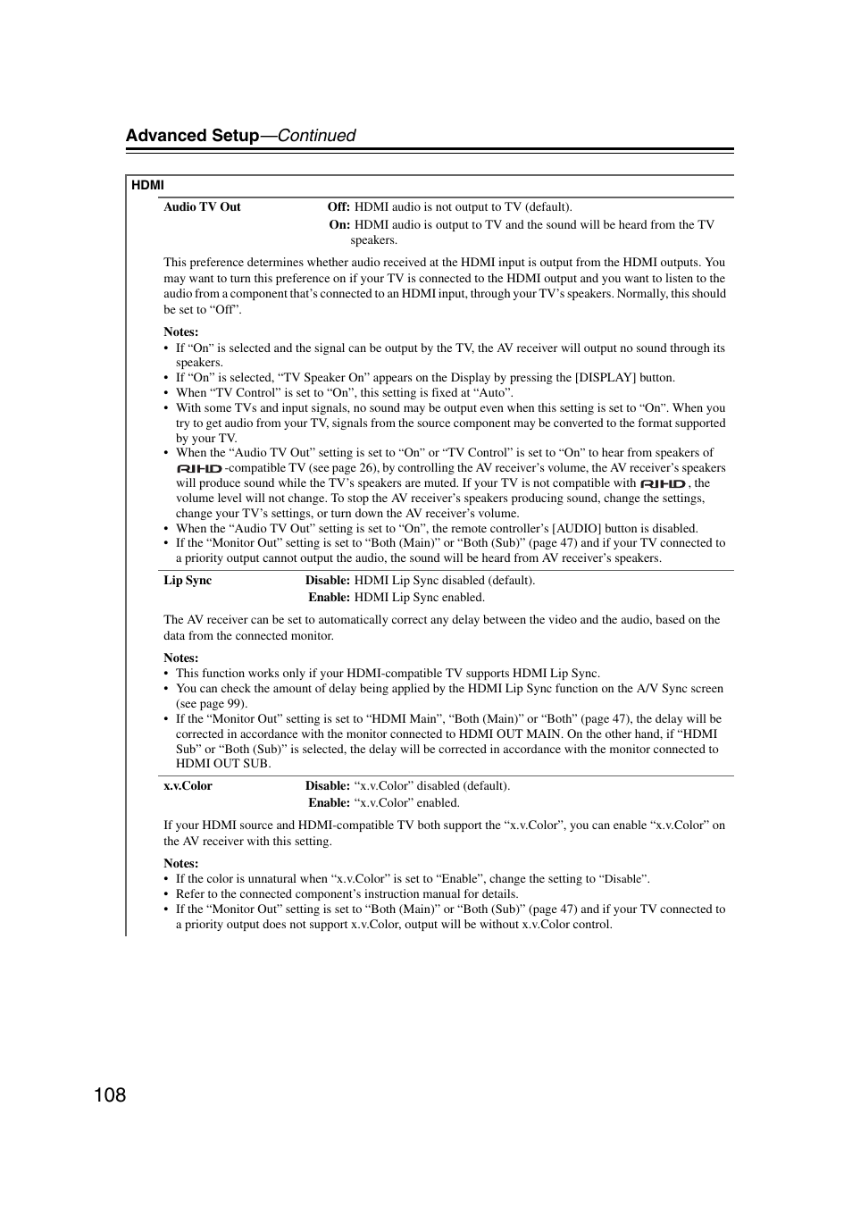 Advanced setup —continued | Onkyo TX-NR1007 User Manual | Page 108 / 156