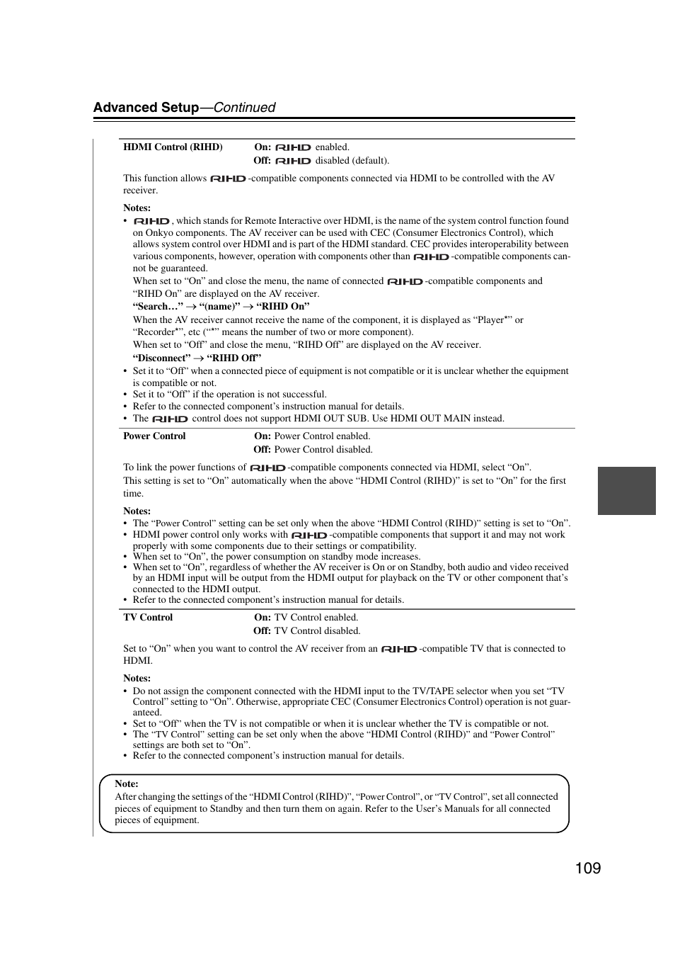 Et “hdmi control (rihd), Advanced setup —continued | Onkyo TX-NR1007 User Manual | Page 109 / 156