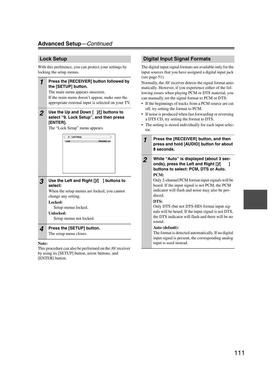Lock setup, Digital input signal formats, Lock setup digital input signal formats | Advanced setup —continued | Onkyo TX-NR1007 User Manual | Page 111 / 156
