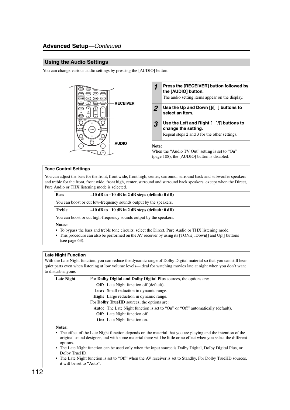 Using the audio settings, Advanced setup —continued | Onkyo TX-NR1007 User Manual | Page 112 / 156