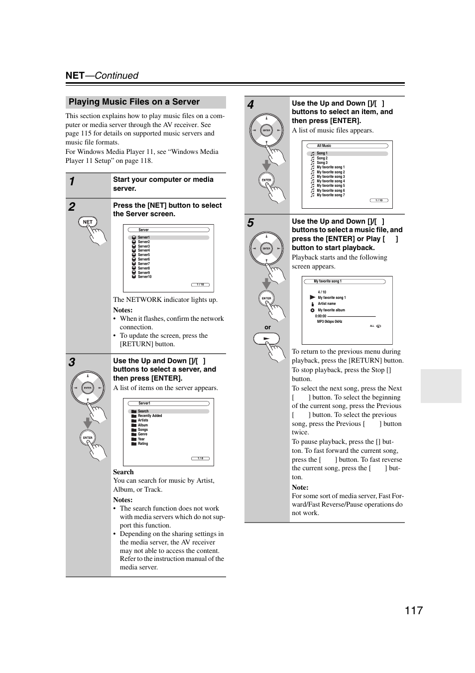 Playing music files on a server, Net —continued | Onkyo TX-NR1007 User Manual | Page 117 / 156