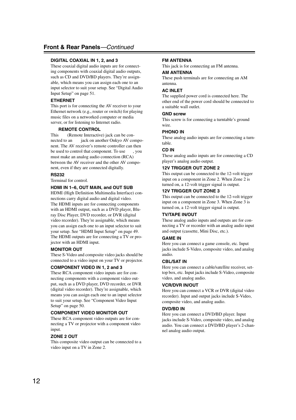 Front & rear panels —continued | Onkyo TX-NR1007 User Manual | Page 12 / 156
