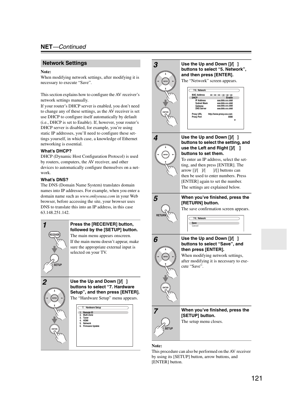 Network settings, Net —continued | Onkyo TX-NR1007 User Manual | Page 121 / 156