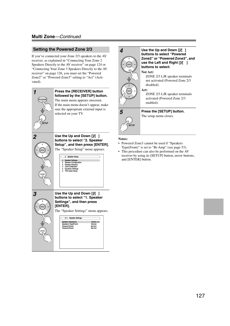 Setting the powered zone 2/3, Multi zone —continued | Onkyo TX-NR1007 User Manual | Page 127 / 156