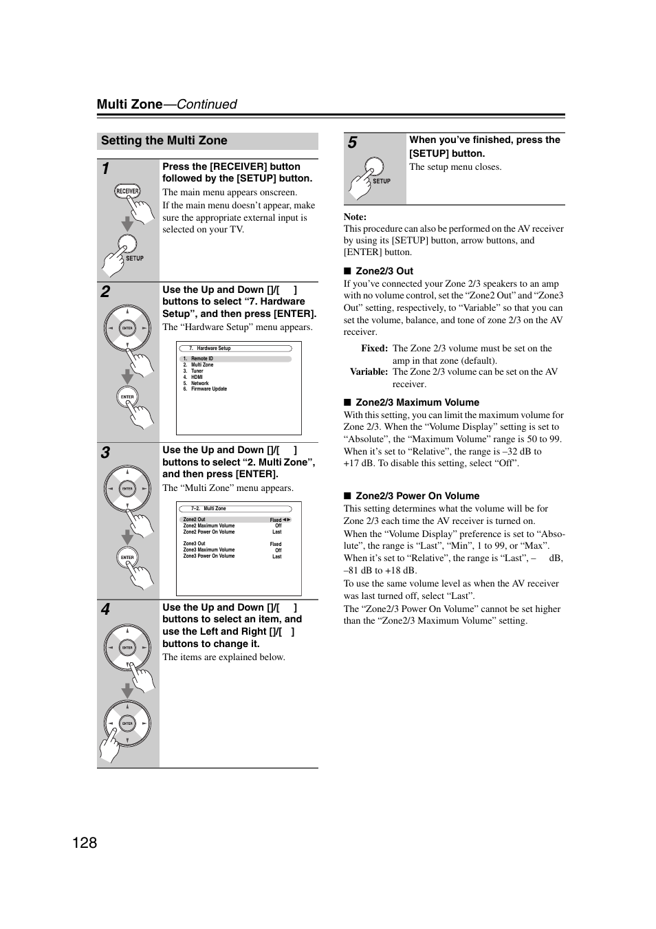 Setting the multi zone, Multi zone —continued | Onkyo TX-NR1007 User Manual | Page 128 / 156