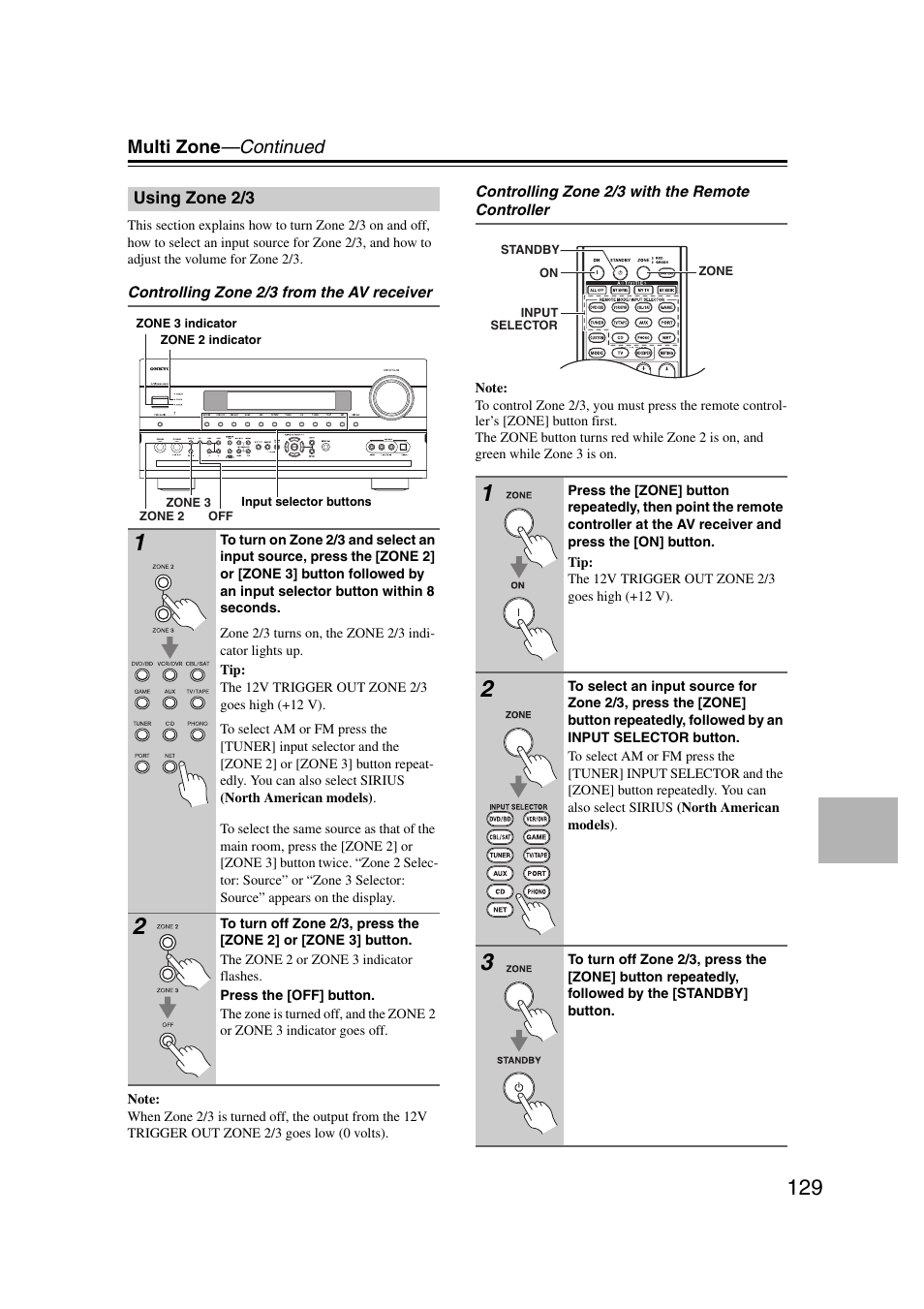 Using zone 2/3, R (129), S (129) | Tor (129, Multi zone —continued | Onkyo TX-NR1007 User Manual | Page 129 / 156