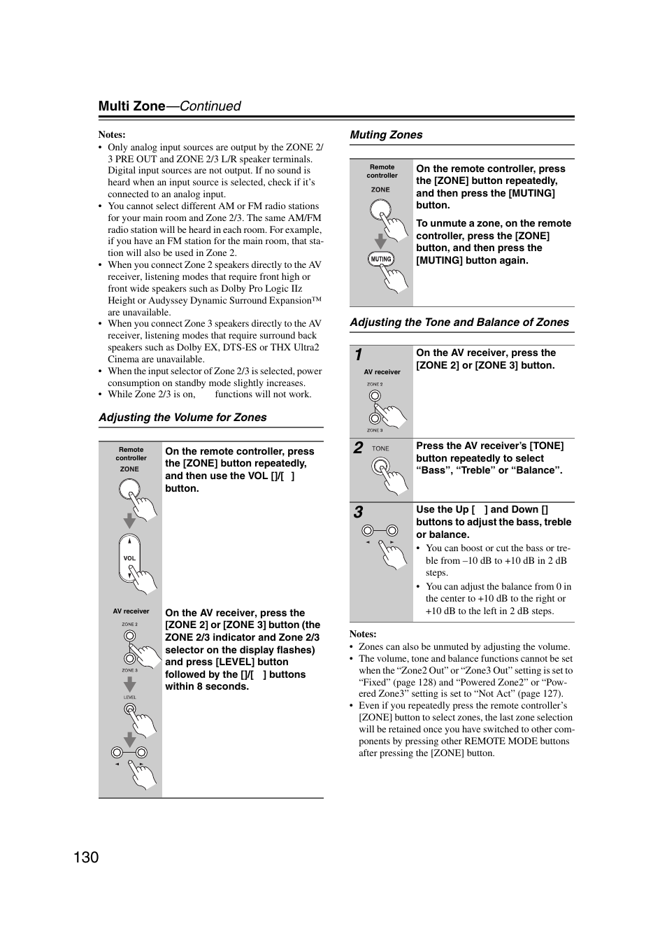 Tton (130), Multi zone —continued | Onkyo TX-NR1007 User Manual | Page 130 / 156