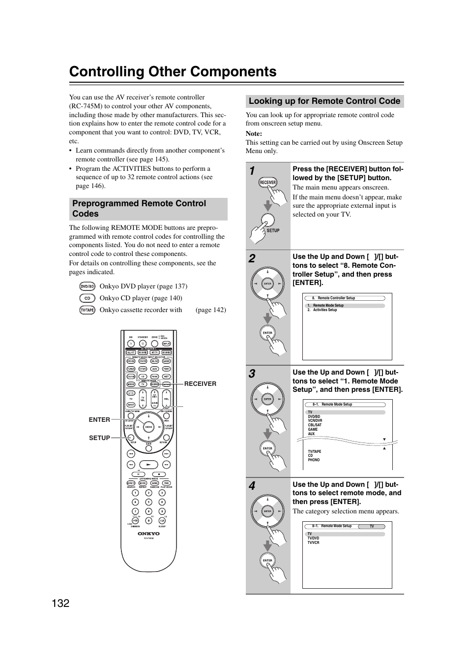 Controlling other components, Preprogrammed remote control codes, Looking up for remote control code | Onkyo TX-NR1007 User Manual | Page 132 / 156