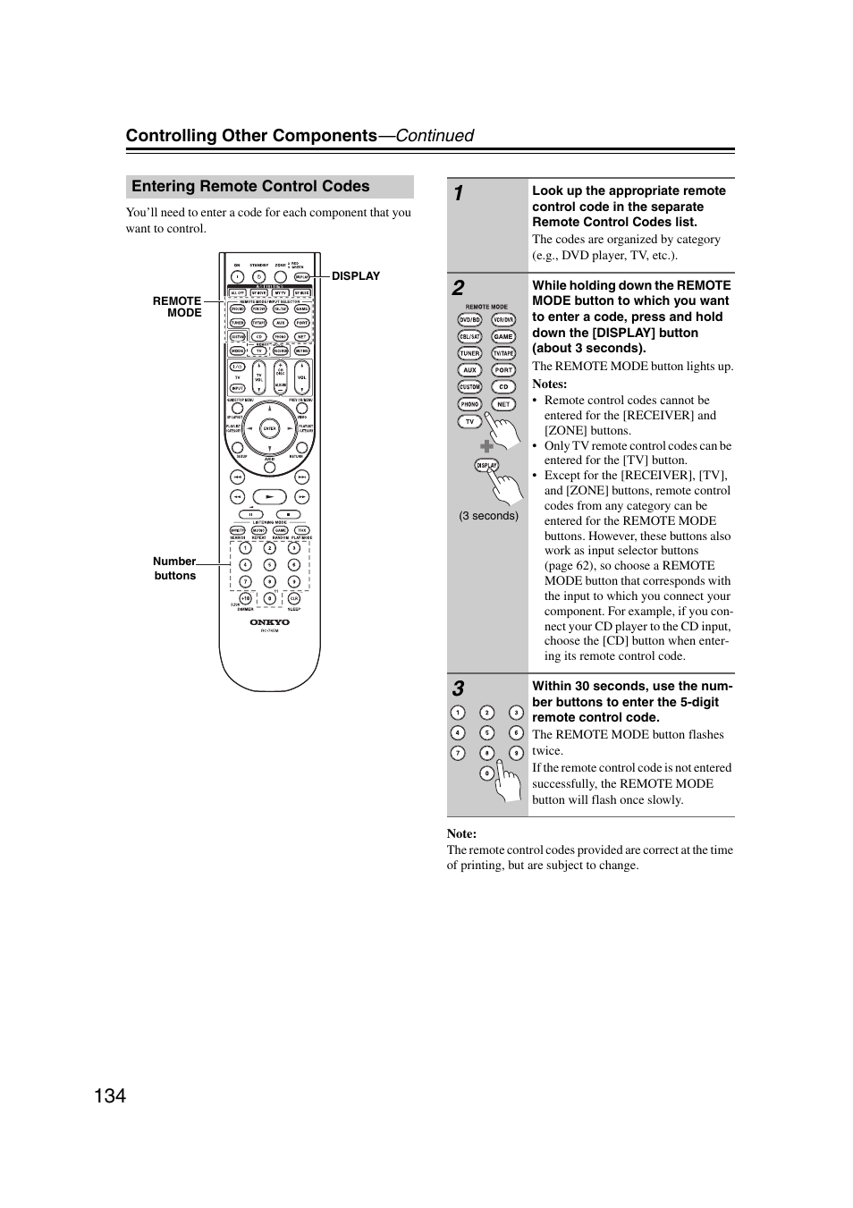 Entering remote control codes | Onkyo TX-NR1007 User Manual | Page 134 / 156