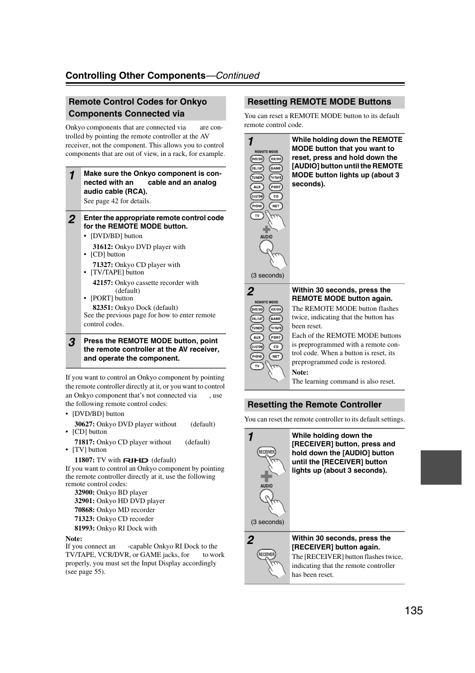 Resetting remote mode buttons, Resetting the remote controller, Remote control codes for onkyo components | Connected via | Onkyo TX-NR1007 User Manual | Page 135 / 156