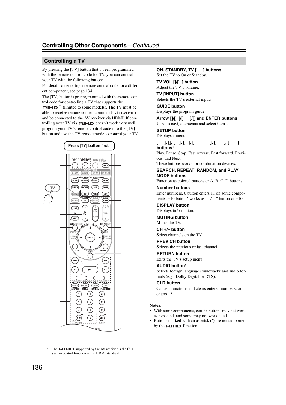 Controlling a tv, Controlling other components —continued | Onkyo TX-NR1007 User Manual | Page 136 / 156