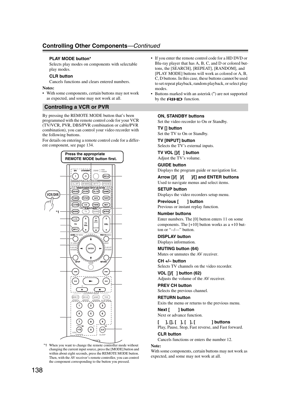 Controlling a vcr or pvr, Controlling other components —continued | Onkyo TX-NR1007 User Manual | Page 138 / 156