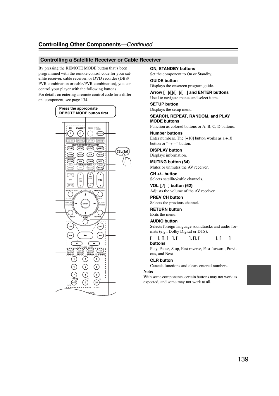 Controlling a satellite receiver or cable receiver, Controlling other components —continued | Onkyo TX-NR1007 User Manual | Page 139 / 156