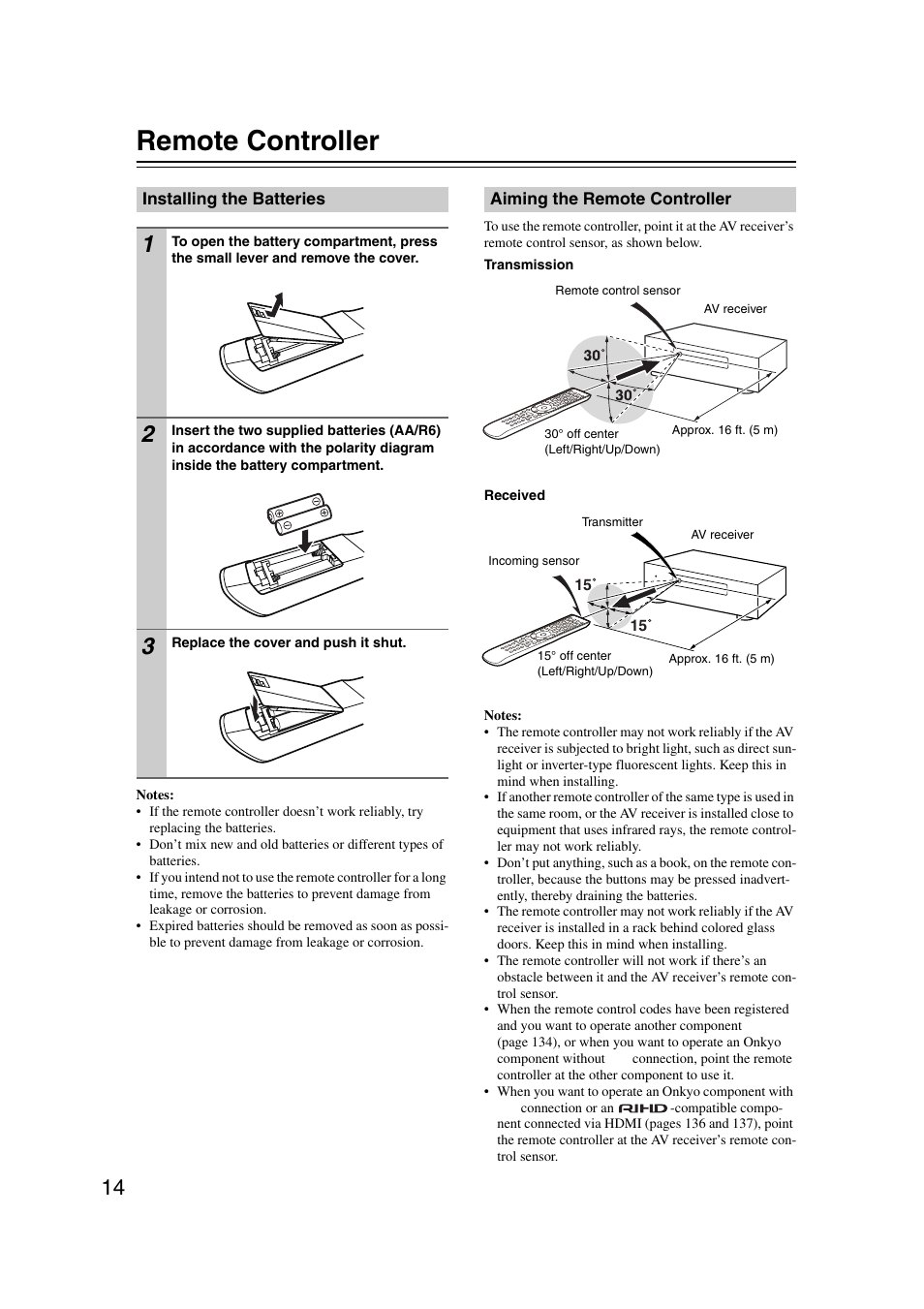 Remote controller, Installing the batteries, Aiming the remote controller | Or/transmitter (14) | Onkyo TX-NR1007 User Manual | Page 14 / 156