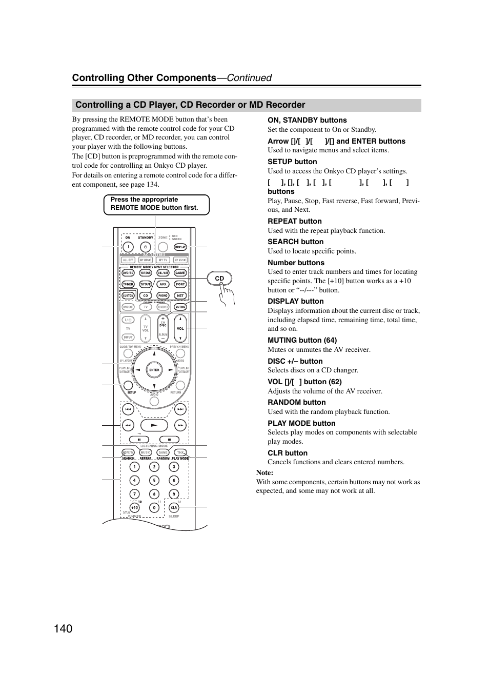 Controlling a cd player, cd recorder, Or md recorder, Controlling other components —continued | Onkyo TX-NR1007 User Manual | Page 140 / 156