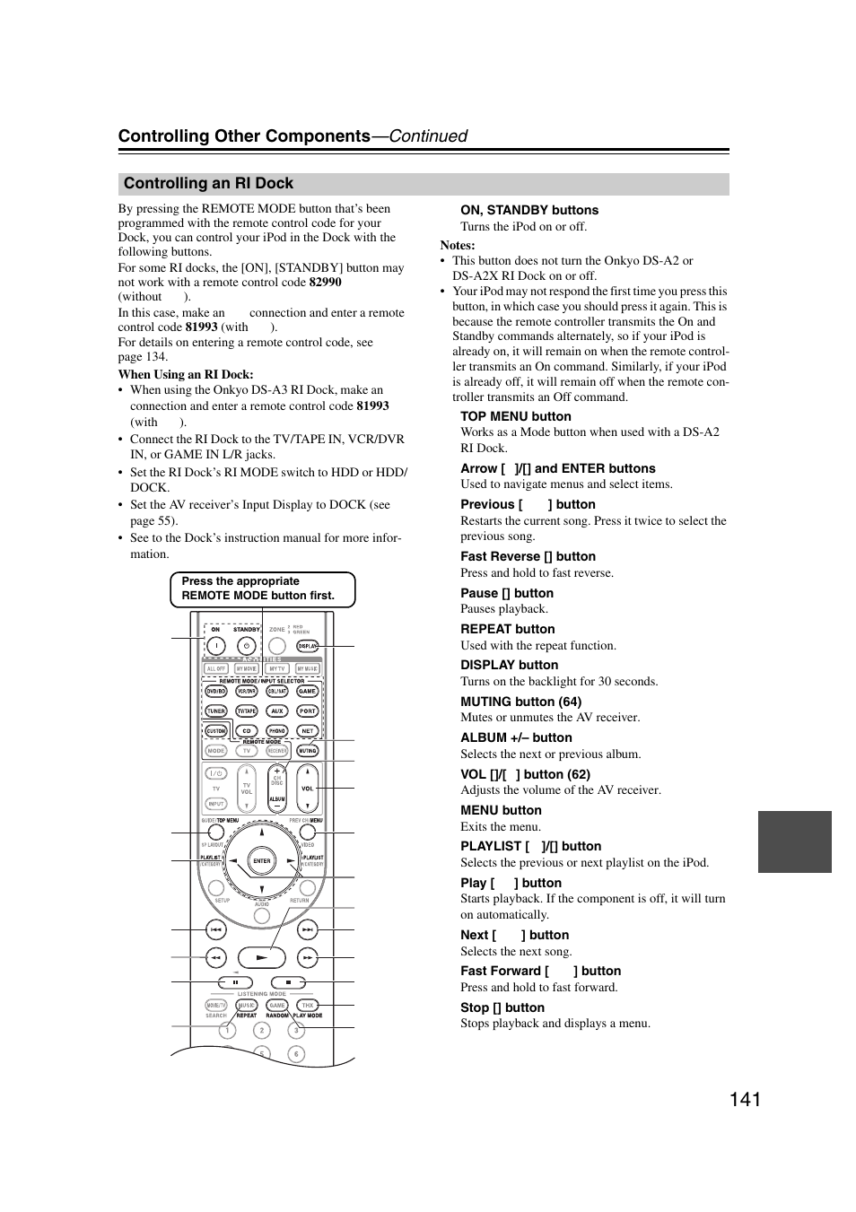Controlling an ri dock, Controlling other components —continued | Onkyo TX-NR1007 User Manual | Page 141 / 156