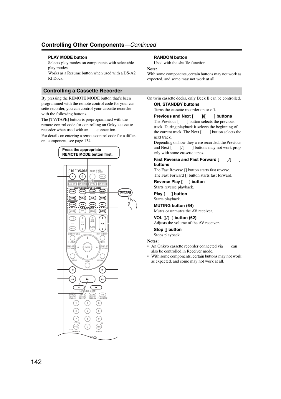 Controlling a cassette recorder, To 142), Controlling other components —continued | Onkyo TX-NR1007 User Manual | Page 142 / 156