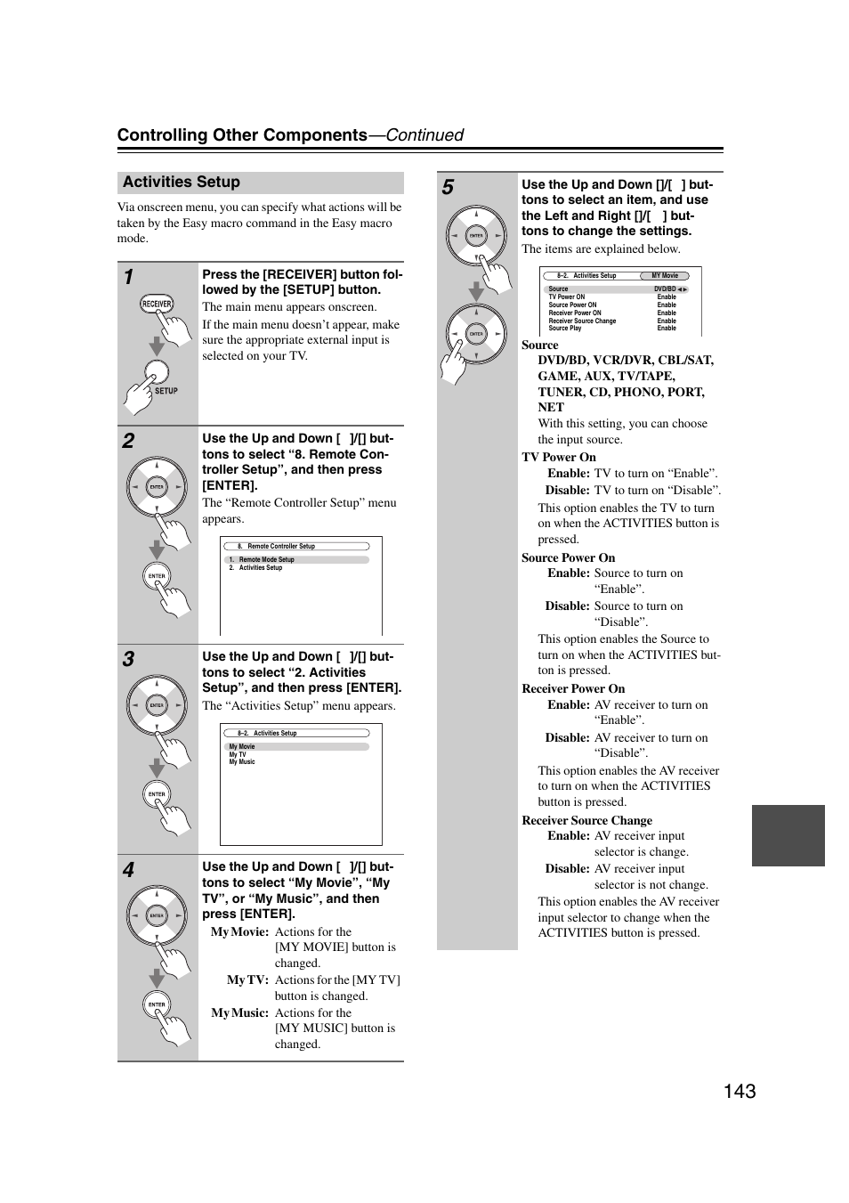 Activities setup, Controlling other components —continued | Onkyo TX-NR1007 User Manual | Page 143 / 156