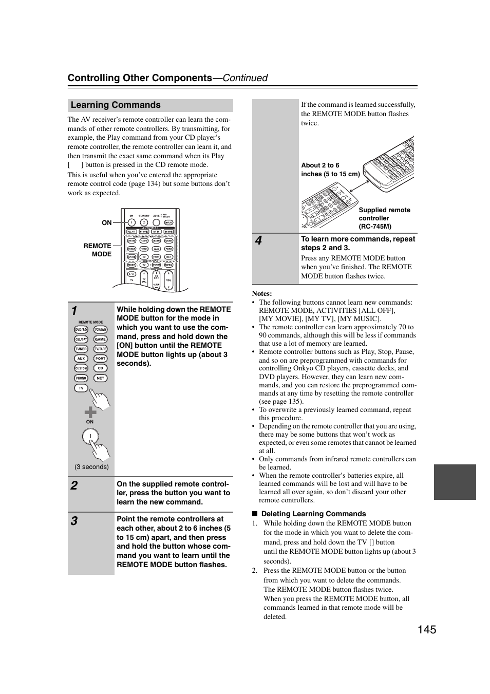 Learning commands, Controlling other components —continued, 3 seconds) | On remote mode | Onkyo TX-NR1007 User Manual | Page 145 / 156