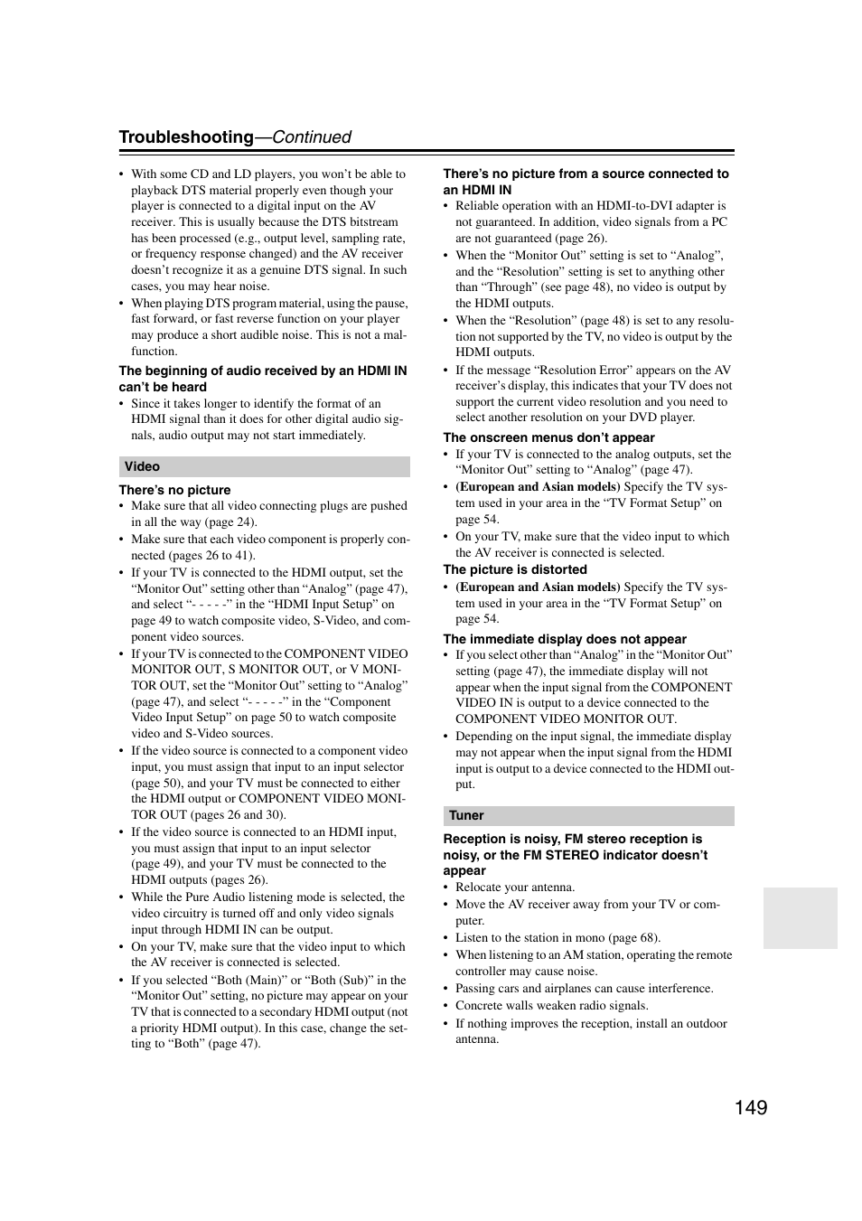 Troubleshooting —continued | Onkyo TX-NR1007 User Manual | Page 149 / 156