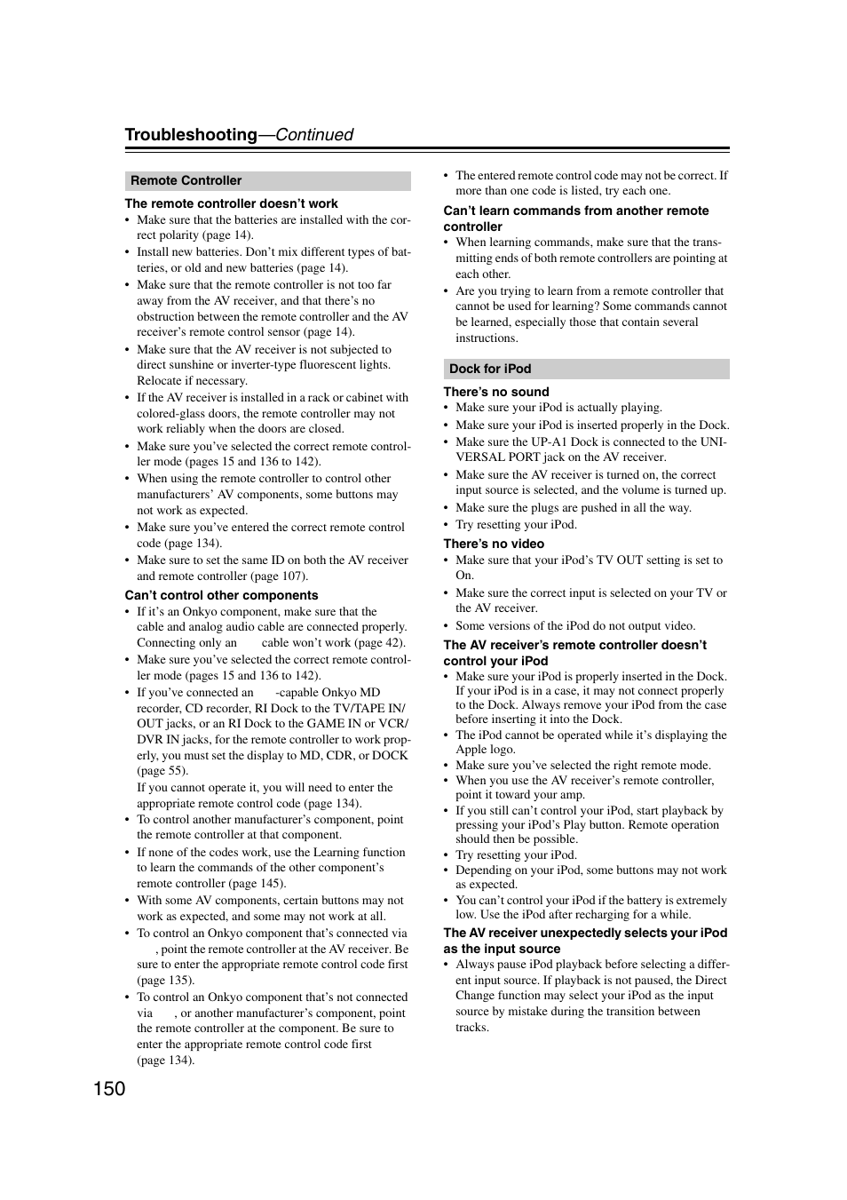 Troubleshooting —continued | Onkyo TX-NR1007 User Manual | Page 150 / 156