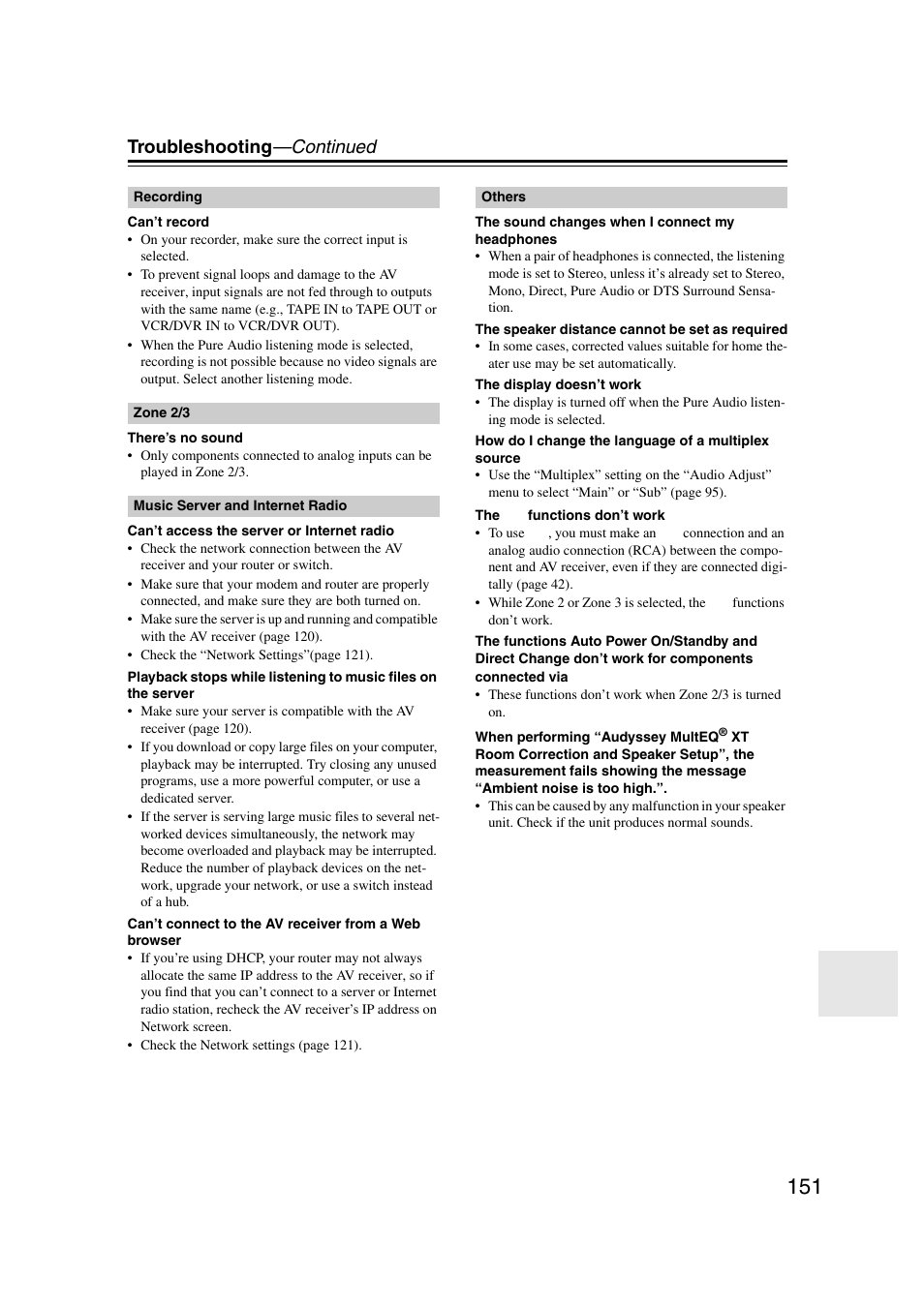 Troubleshooting —continued | Onkyo TX-NR1007 User Manual | Page 151 / 156