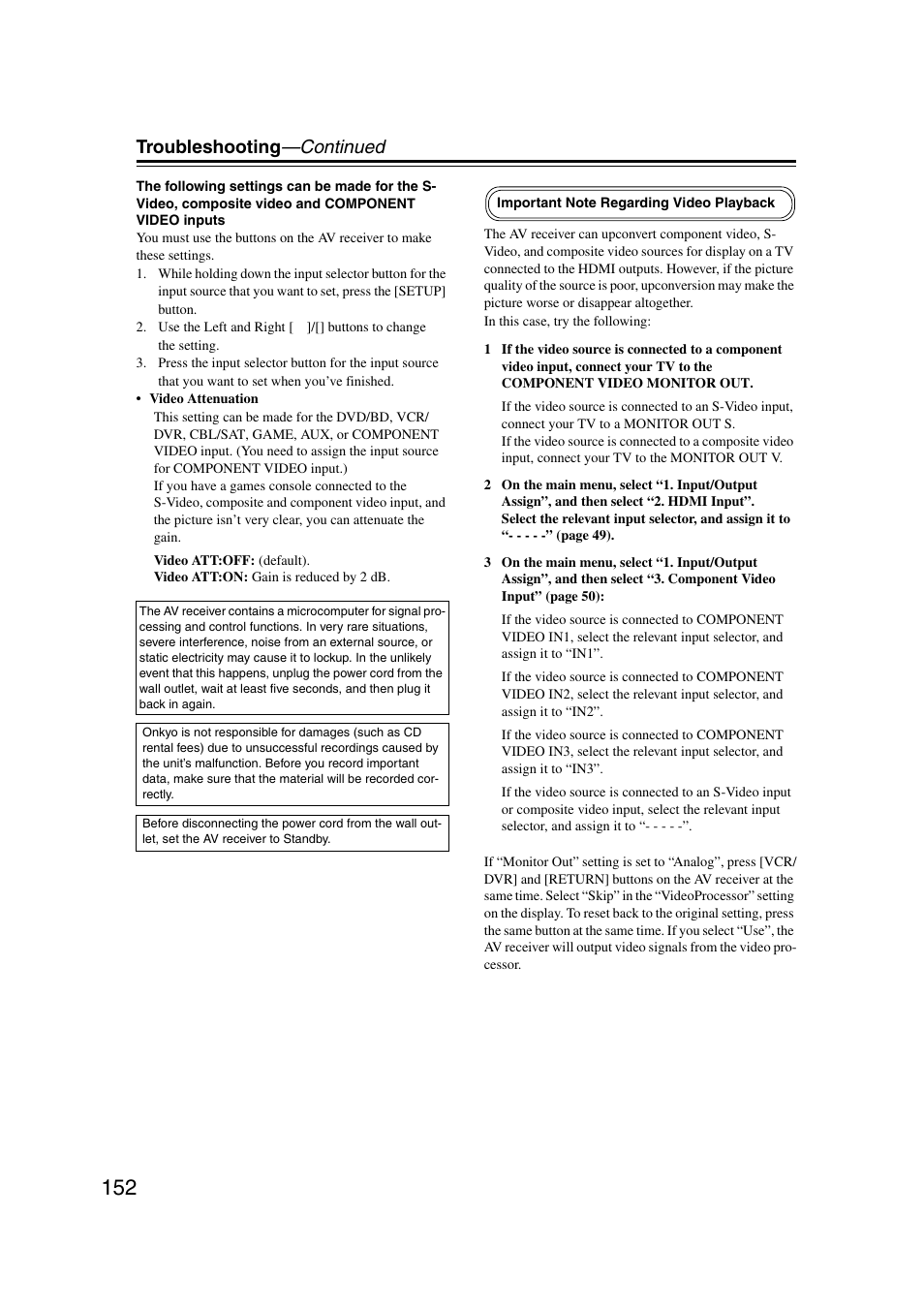 Troubleshooting —continued | Onkyo TX-NR1007 User Manual | Page 152 / 156