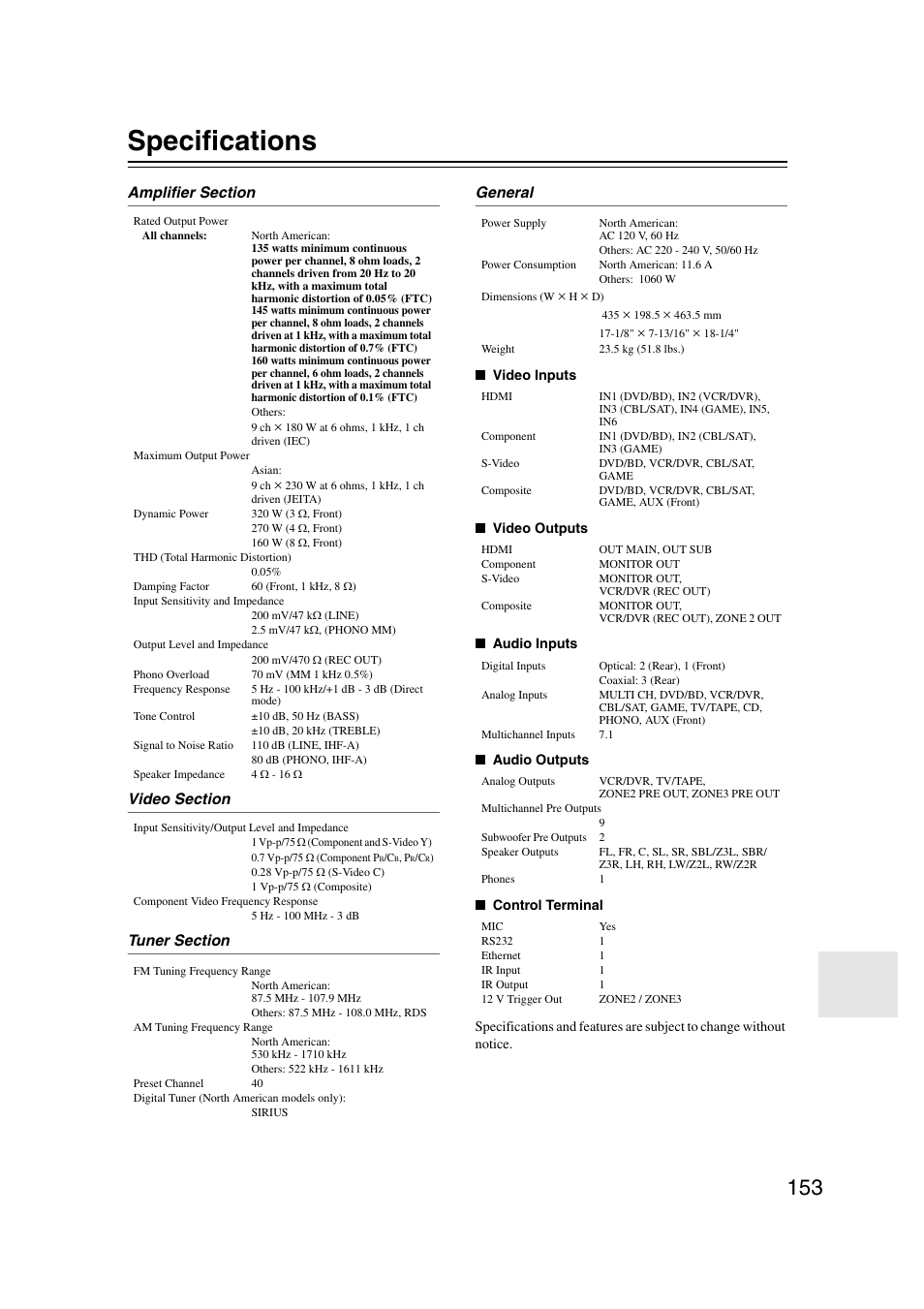 Specifications | Onkyo TX-NR1007 User Manual | Page 153 / 156