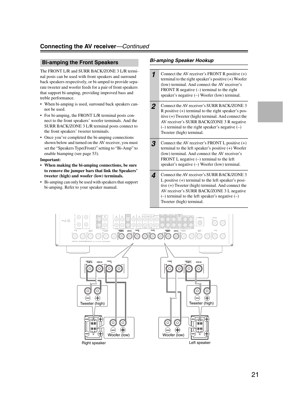 Bi-amping the front speakers | Onkyo TX-NR1007 User Manual | Page 21 / 156