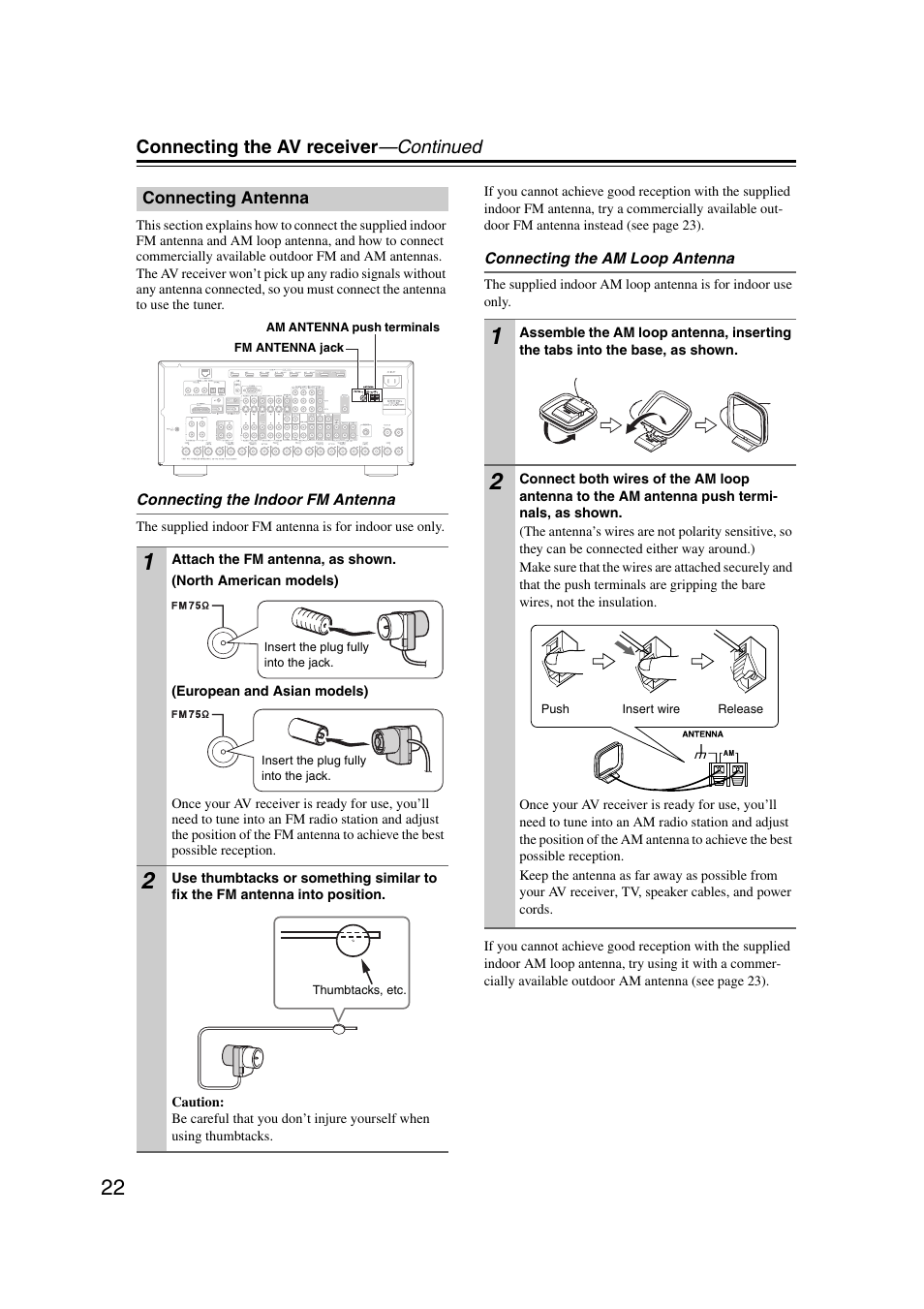 Connecting antenna, Connecting the av receiver —continued | Onkyo TX-NR1007 User Manual | Page 22 / 156