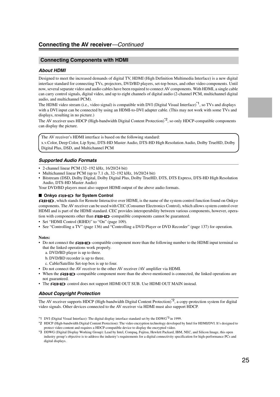 Connecting components with hdmi, Connecting the av receiver —continued | Onkyo TX-NR1007 User Manual | Page 25 / 156